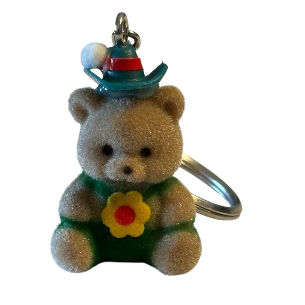 Flocked‎ Teddy Bear Keychain Fob Key Ring Brown Green Hat Flower Vintage 80s